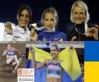 Ольга Saladuha трехкратный чемпион прыгать, Симона Ла Мантия, Светлана Большакова (вторая и третья) Европейской Барселона по легкой атлетик&amp;
